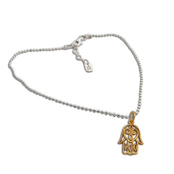 Gold Hamsa Hand of Fatima with Sterling Silver 16-17 inches adjustable Necklace