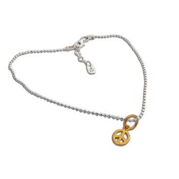 Gold plated Peace Charm on Sterling Silver Necklace 16 to 17 inches adjustable