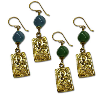 Buddha Earrings Recycled Glass and Brass Green or Teal Blue