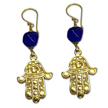 Hamsa Earrings Recycled Glass and Brass Yellow Green or Blue #4