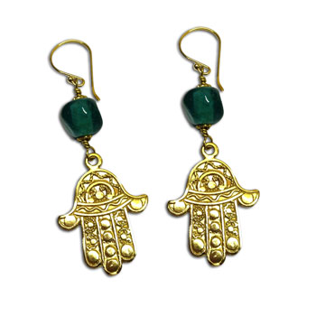 Hamsa Earrings Recycled Glass and Brass Yellow Green or Blue #3