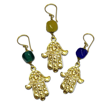 Hamsa Earrings Recycled Glass and Brass Yellow Green or Blue