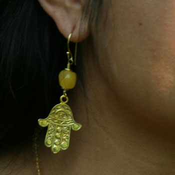 Hamsa Earrings Recycled Glass and Brass Yellow Green or Blue #5