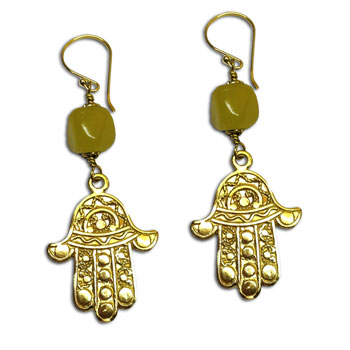 Hamsa Earrings Recycled Glass and Brass Yellow Green or Blue #2