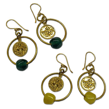 Om Ganesh Earrings Recycled Glass and Brass Ice Green or Yellow #1